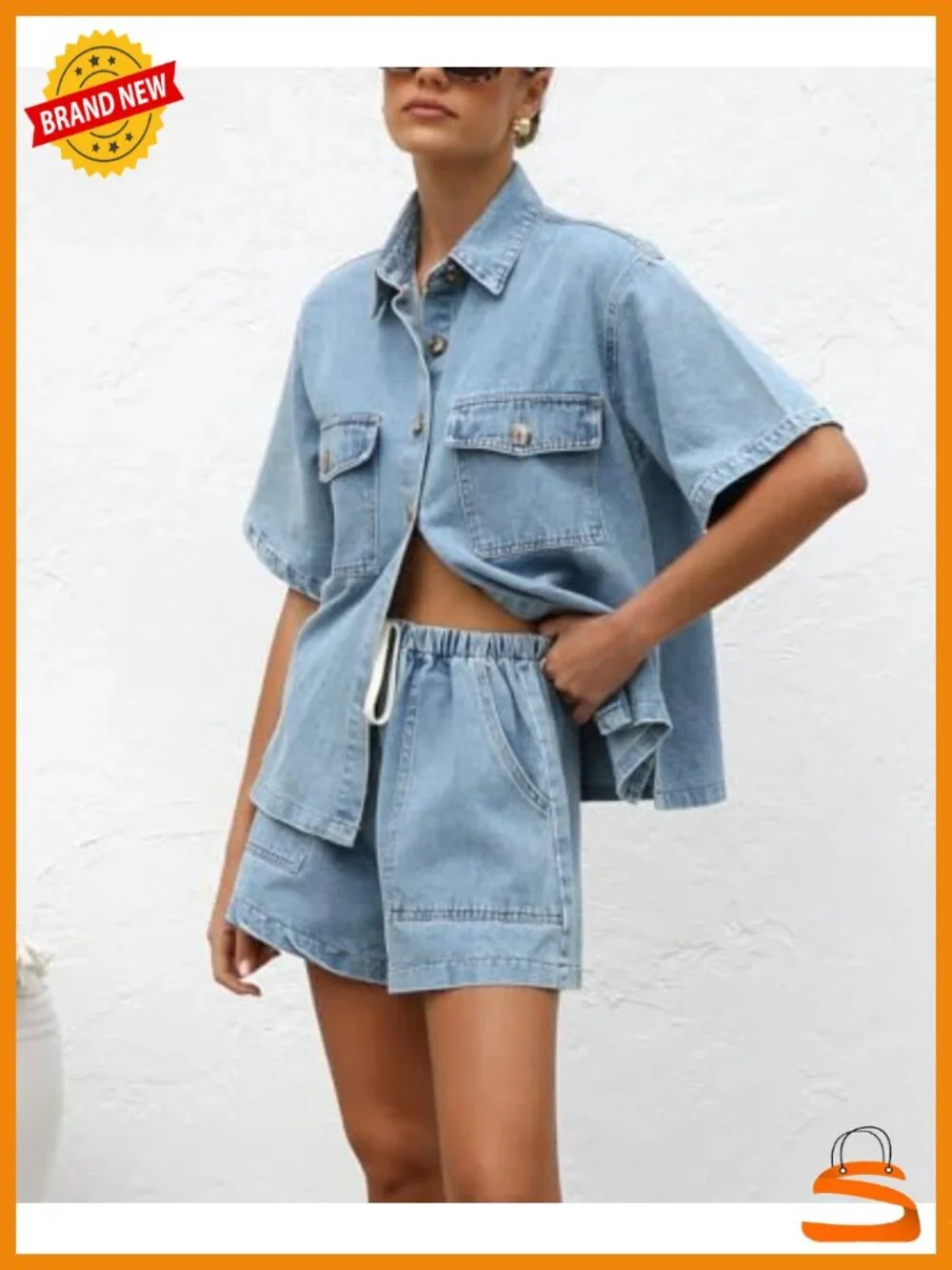 Denim Short Sleeve Button Down Shirt & Wide Leg Shorts Set
